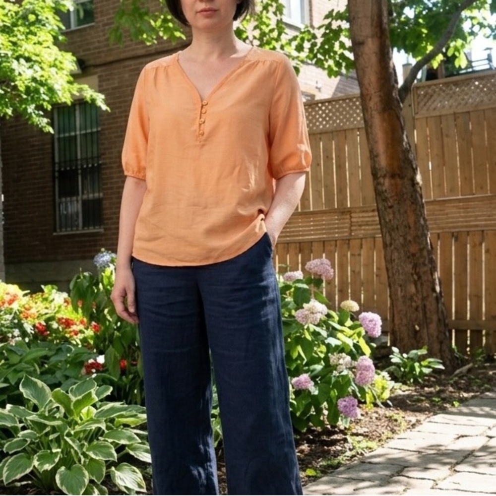 Micc Beirn Cotton Silk Blend V-Neck Puff Sleeve Sheer Peach/Tangerine Size S/M
